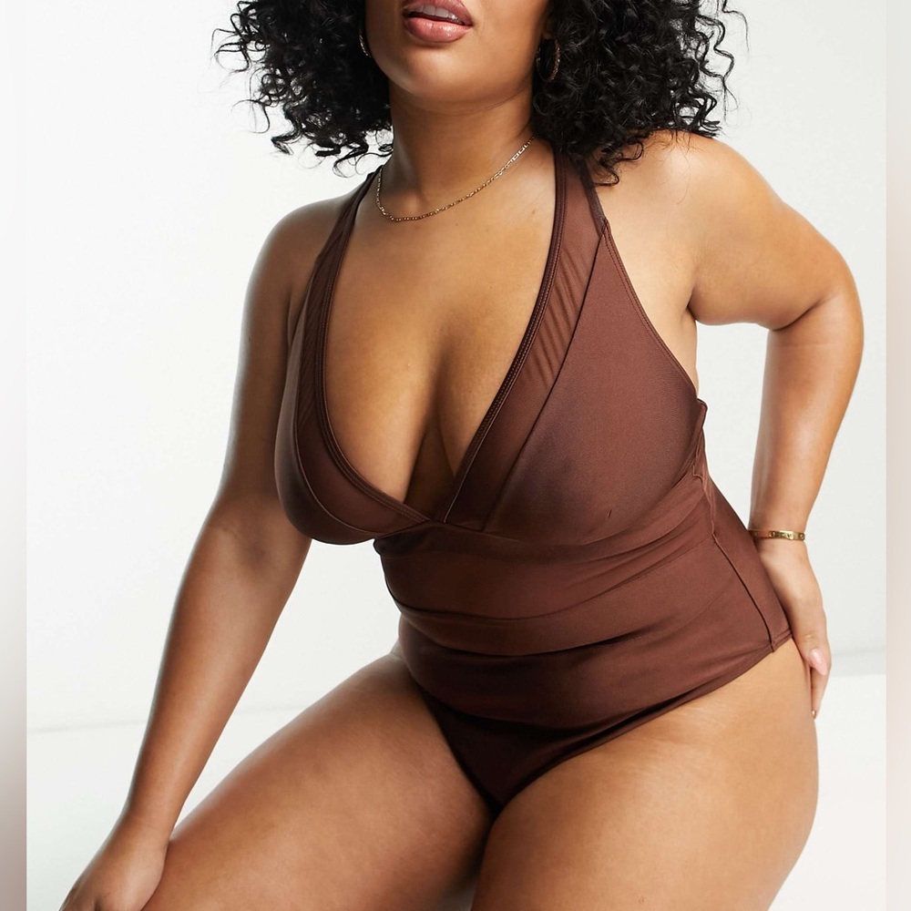 South Beach Curve Exclusive plunge mesh swimsuit in high shine brown Sz 14 NWT